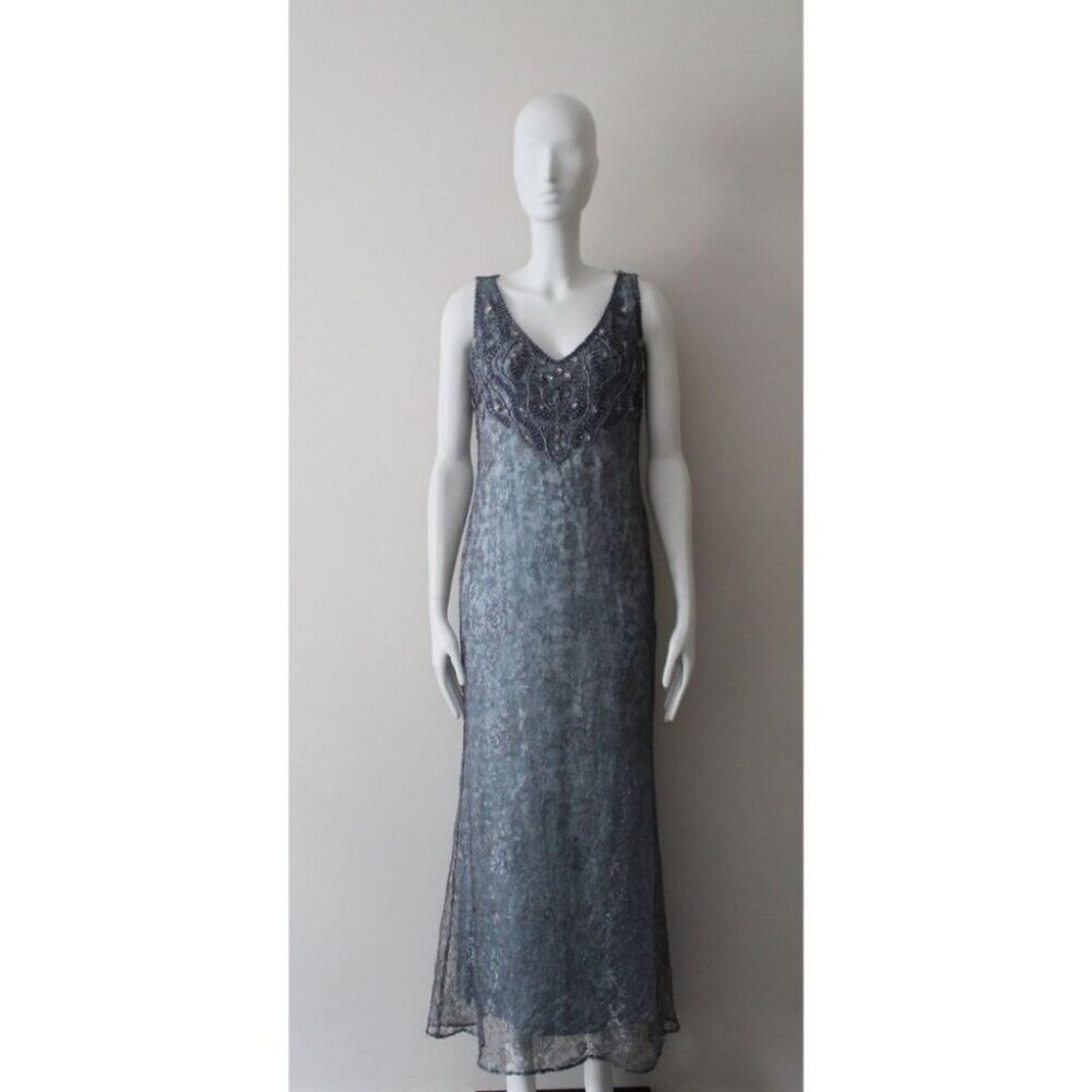 Escada Couture Vintage Sequin Lace Gown Dress Blue / Size 40